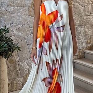 Floral Strapless Maxi Dress - White with Red and Orange Accents